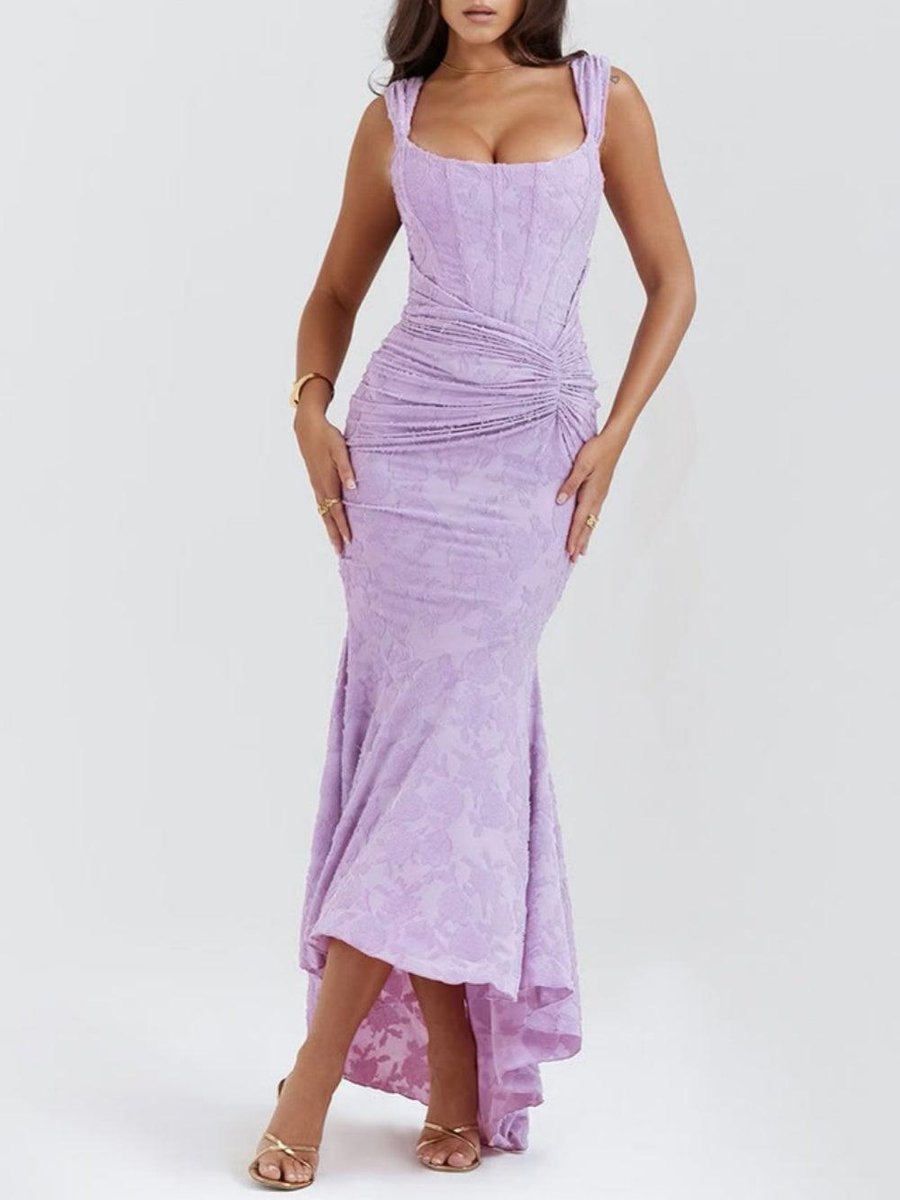 Sleeveless Corset Jacquard Lace Mermaid Dress with High-Low Hem for Women