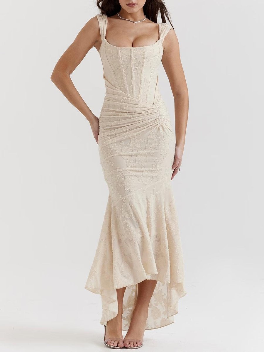 Sleeveless Corset Jacquard Lace Mermaid Dress with High-Low Hem for Women