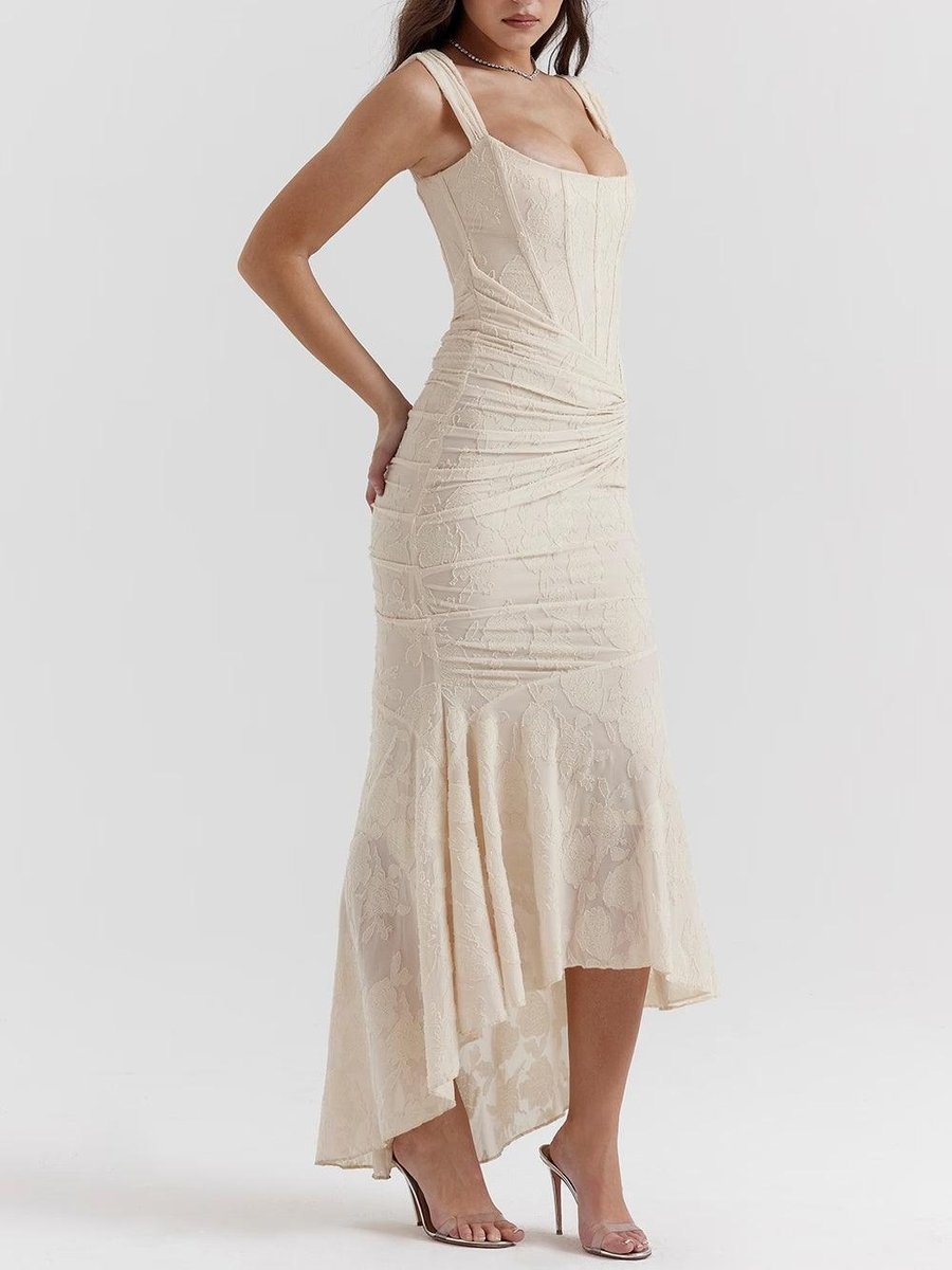 Sleeveless Corset Jacquard Lace Mermaid Dress with High-Low Hem for Women