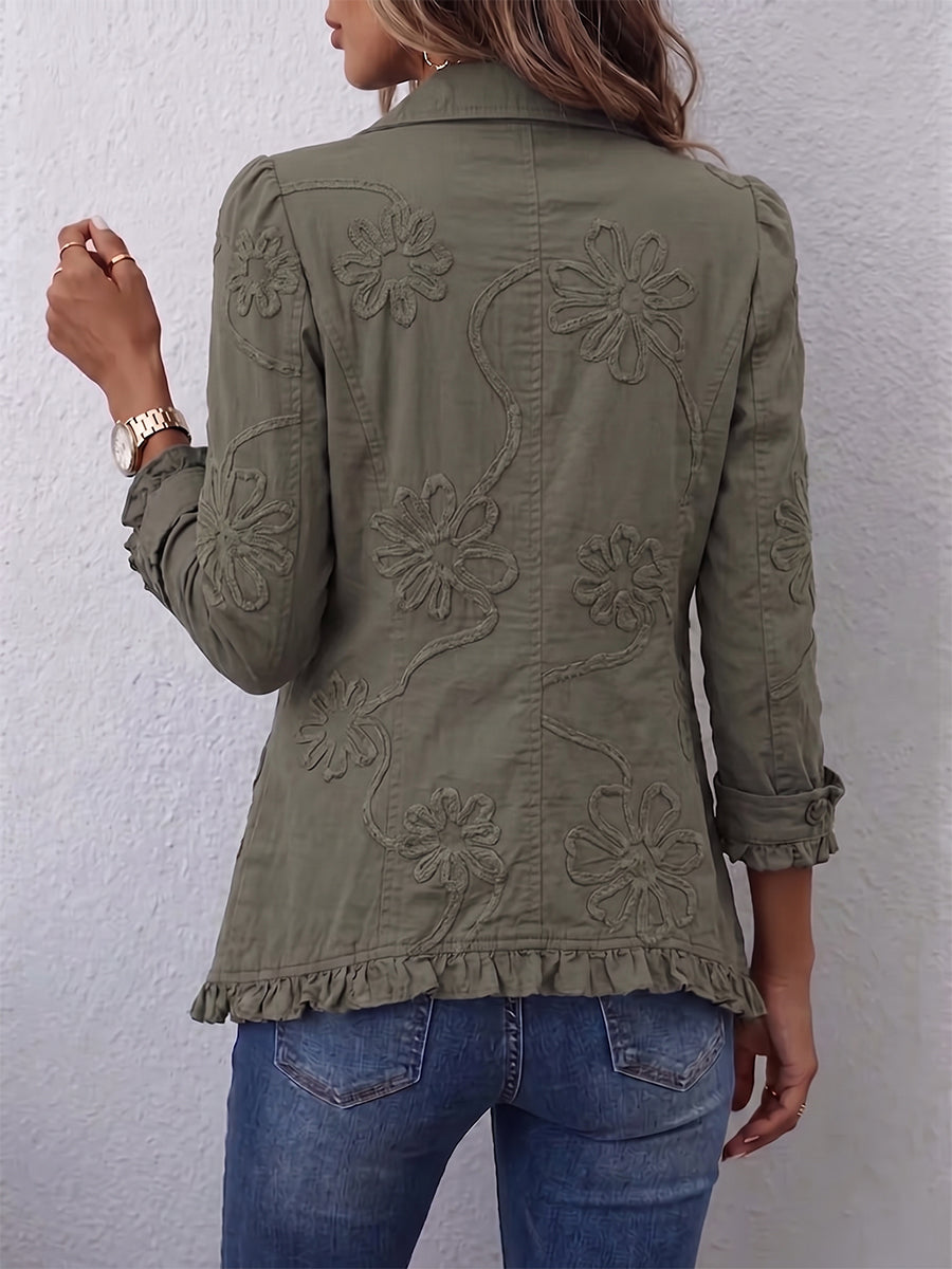 Women’s Boho-Chic Floral Embroidered Ruffled Utility Jacket for Any Occasion
