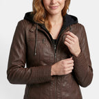 Women's Hooded Leather Jacket Slim Fit Zip Up Coat SnugBubs Australia