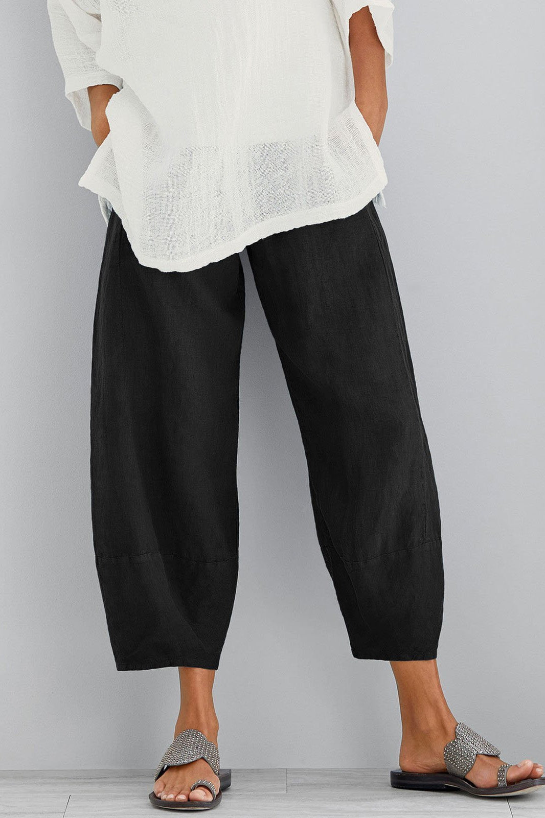 Women’s Cotton-Linen Wide-Leg Trousers with Pockets for Casual Wear