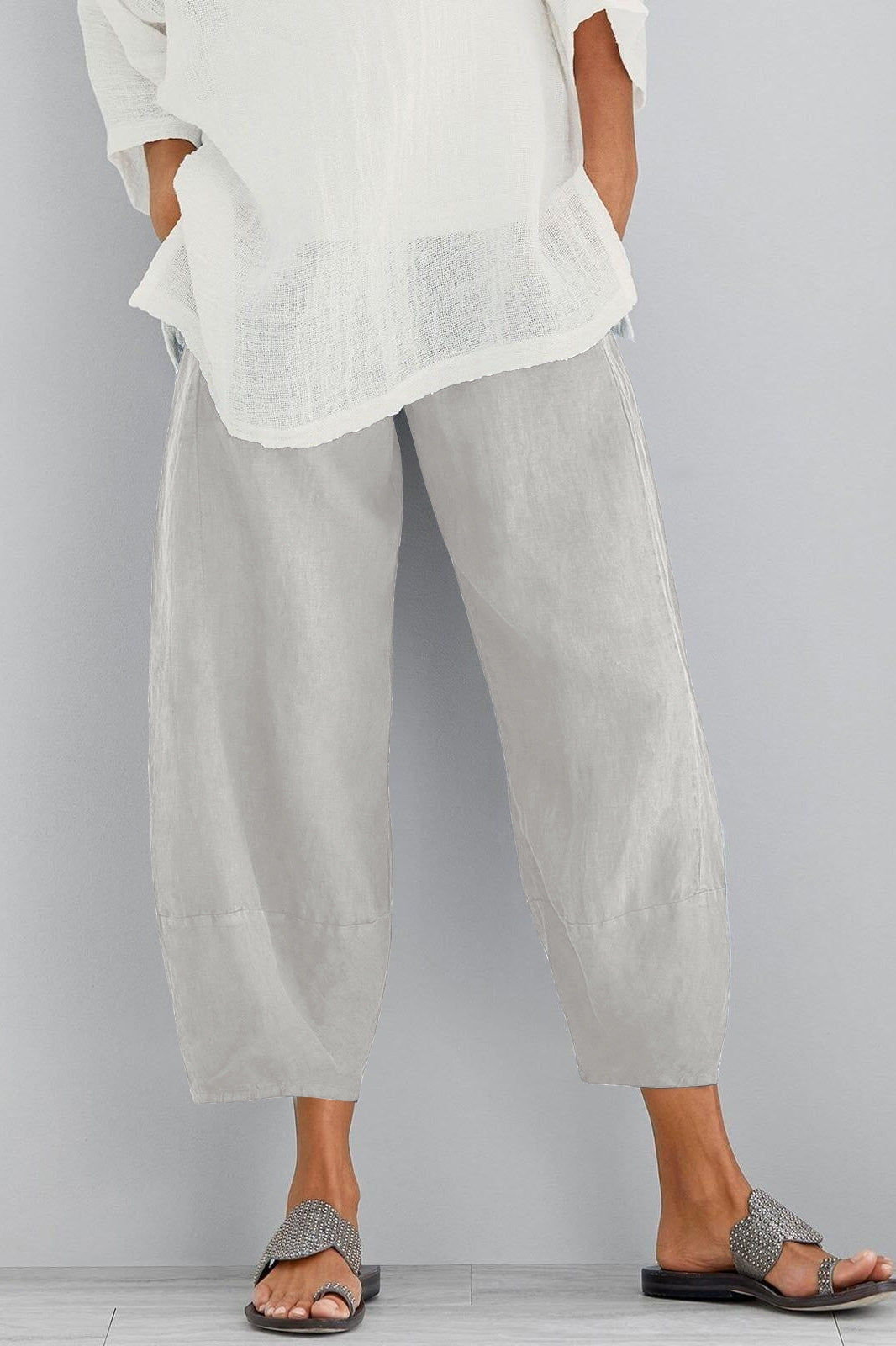Women’s Cotton-Linen Wide-Leg Trousers with Pockets for Casual Wear