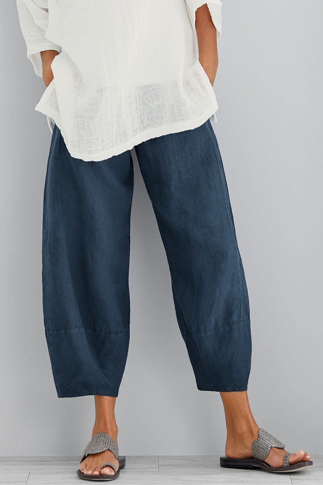 Women’s Cotton-Linen Wide-Leg Trousers with Pockets for Casual Wear