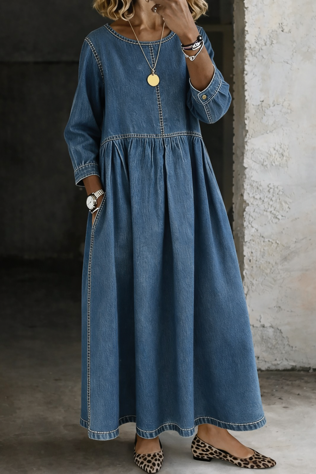 Women’s Denim Maxi Dress with Long Sleeves, Gathered Waist and Pockets