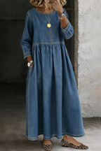Women’s Denim Maxi Dress with Long Sleeves, Gathered Waist and Pockets