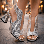 Woven High-Heel Sandals with Cut-Out Design and Ankle Strap