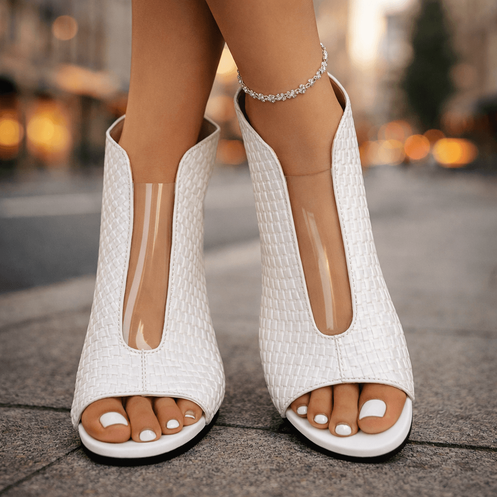 Woven High-Heel Sandals with Cut-Out Design and Ankle Strap