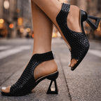 Women's Woven Sculpted Heel Sandals with Cutout Detail and Ankle Strap