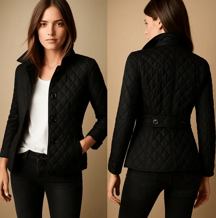 Hip-Length Diamond Quilted Casual Jacket with Stand-Up Collar
