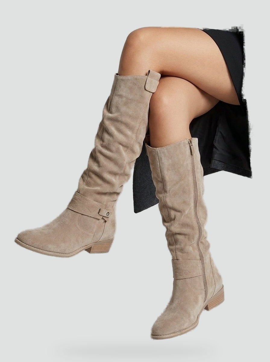 Chic Knee-High Suede Boots for Women with Pleated Design and Low Block Heel