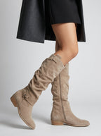Chic Knee-High Suede Boots for Women with Pleated Design and Low Block Heel