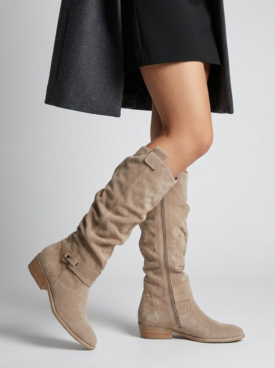 Chic Knee-High Suede Boots for Women with Pleated Design and Low Block Heel