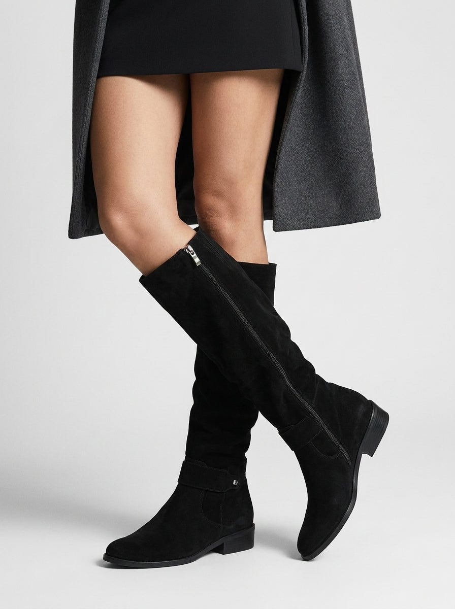 Chic Knee-High Suede Boots for Women with Pleated Design and Low Block Heel