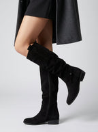 Chic Knee-High Suede Boots for Women with Pleated Design and Low Block Heel