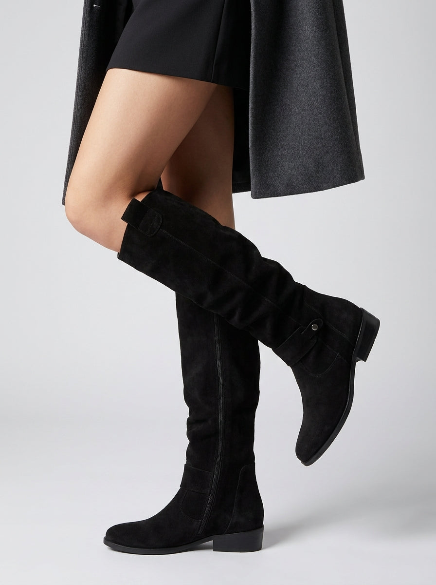 Chic Knee-High Suede Boots for Women with Pleated Design and Low Block Heel