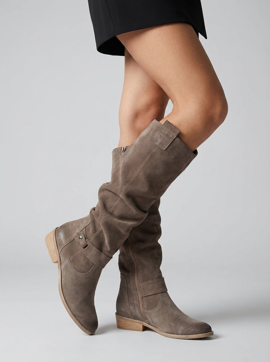 Chic Knee-High Suede Boots for Women with Pleated Design and Low Block Heel