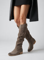 Chic Knee-High Suede Boots for Women with Pleated Design and Low Block Heel