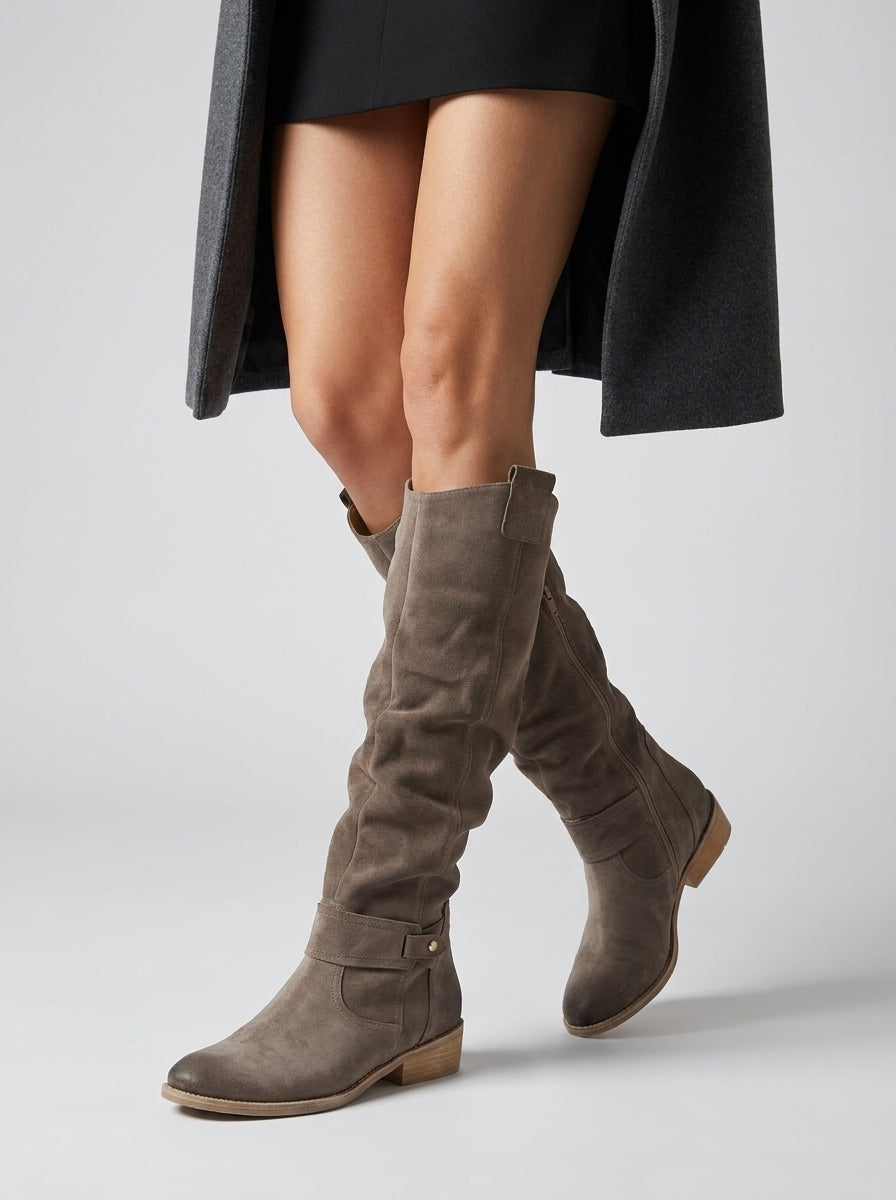 Chic Knee-High Suede Boots for Women with Pleated Design and Low Block Heel