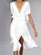 Elegant White Midi Dress with V-Neck and Minimalist Design for Women