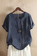 Asymmetric Button-Down Short Sleeve Linen Blouse for Women