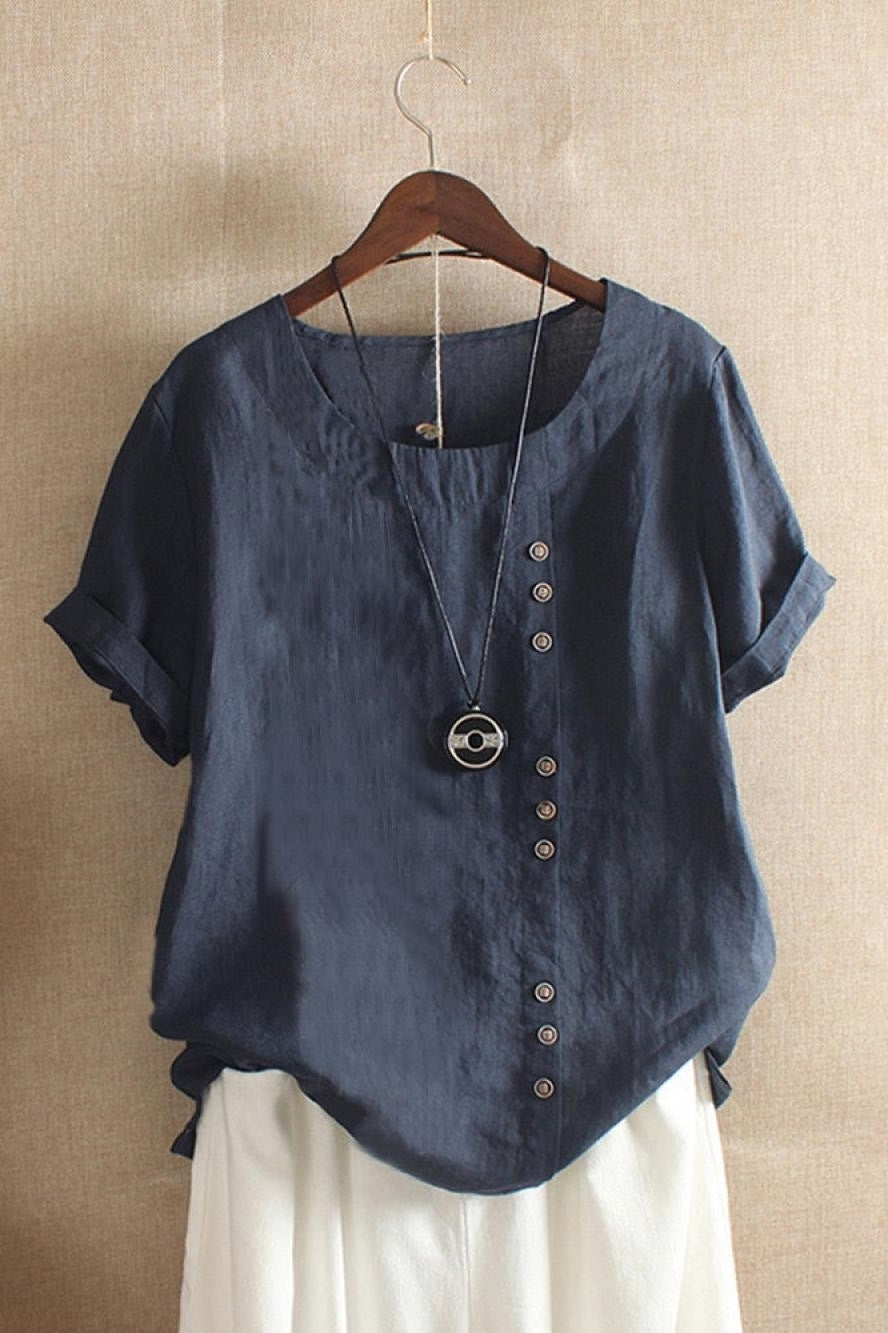 Asymmetric Button-Down Short Sleeve Linen Blouse for Women