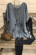 Dandelion Print Casual Round Neck Half Sleeve Gray Blouse