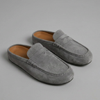 Suede Mule Loafers for Women with Closed Round Toe and Penny-Strap Detail