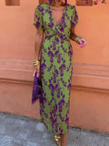 Women's Floral Print Short Sleeve V-Neck Midi Dress with Wrapped Bodice