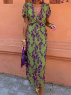 Women's Floral Print Short Sleeve V-Neck Midi Dress with Wrapped Bodice