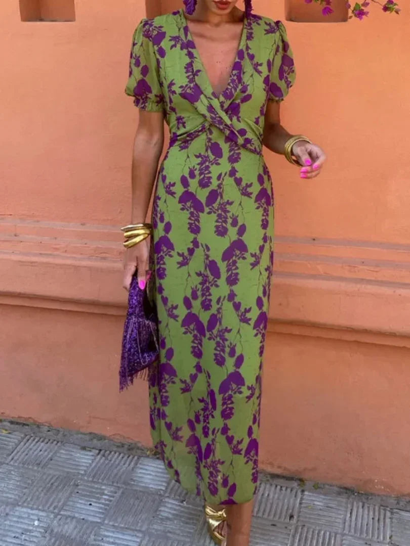 Women's Floral Print Short Sleeve V-Neck Midi Dress with Wrapped Bodice