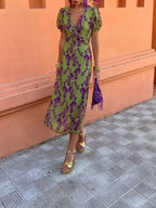 Women's Floral Print Short Sleeve V-Neck Midi Dress with Wrapped Bodice