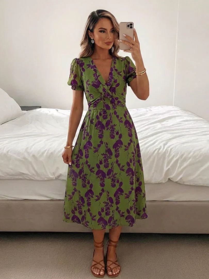 Women's Floral Print Short Sleeve V-Neck Midi Dress with Wrapped Bodice