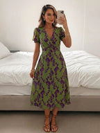 Women's Floral Print Short Sleeve V-Neck Midi Dress with Wrapped Bodice
