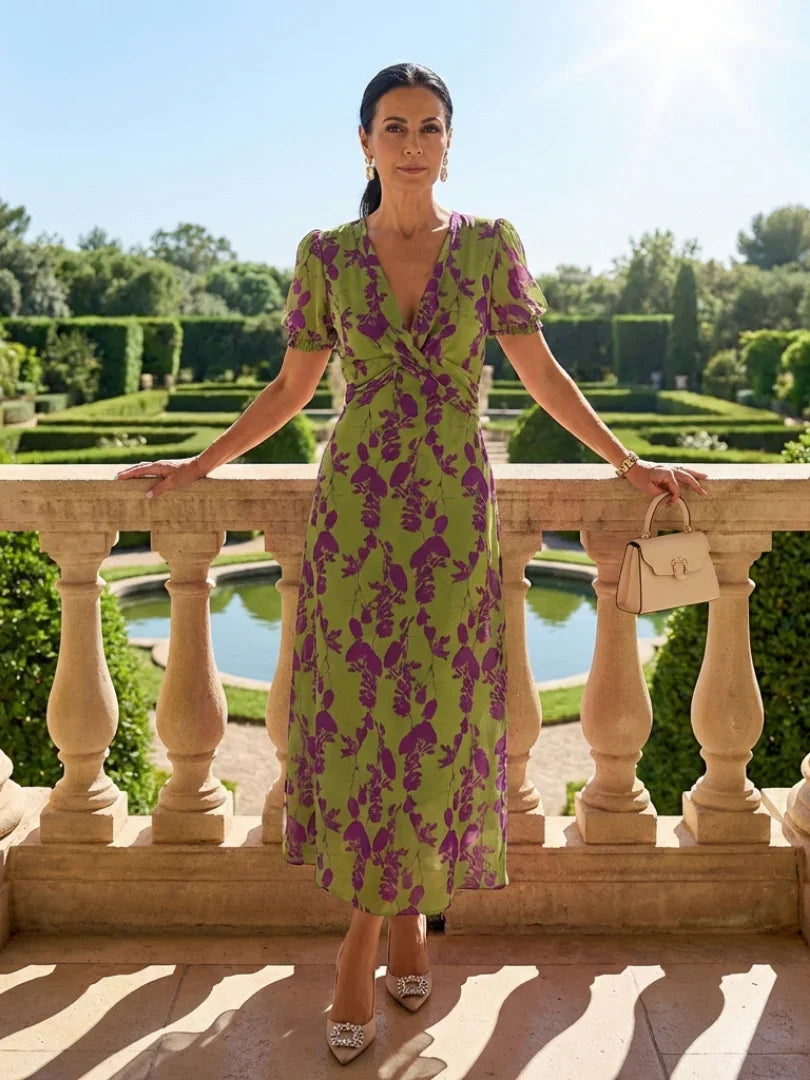 Women's Floral Print Short Sleeve V-Neck Midi Dress with Wrapped Bodice