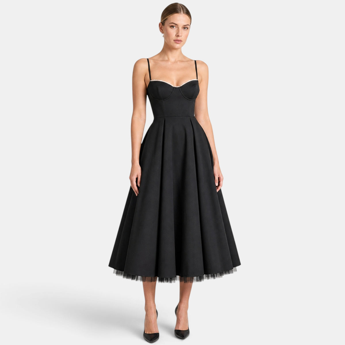 Women's Midi Dress with Spaghetti Straps and Pleated Skirt