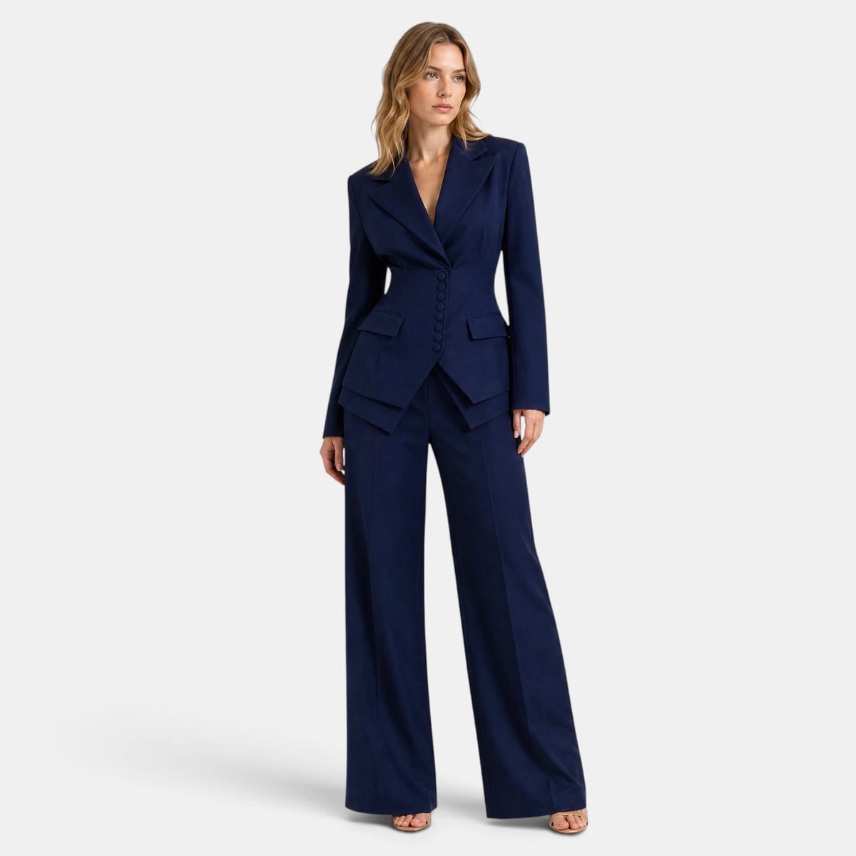 Women's Blazer and Trousers Set with Button Closure and Wide Leg Trousers