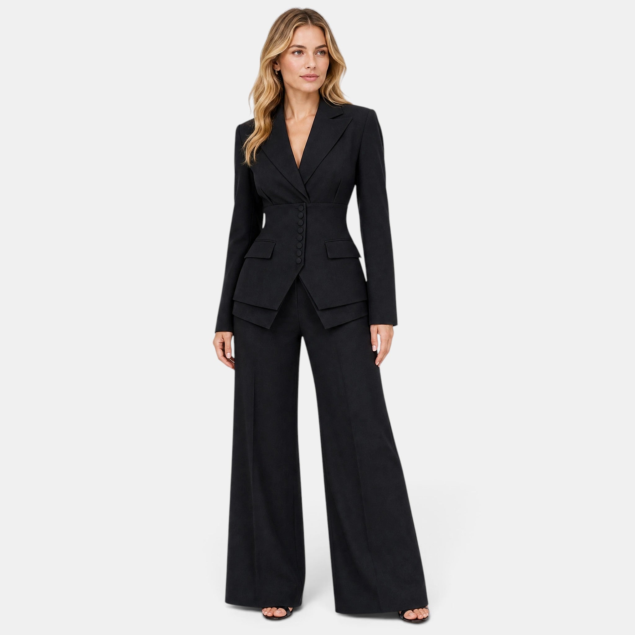 Women's Blazer and Trousers Set with Button Closure and Wide Leg Trousers