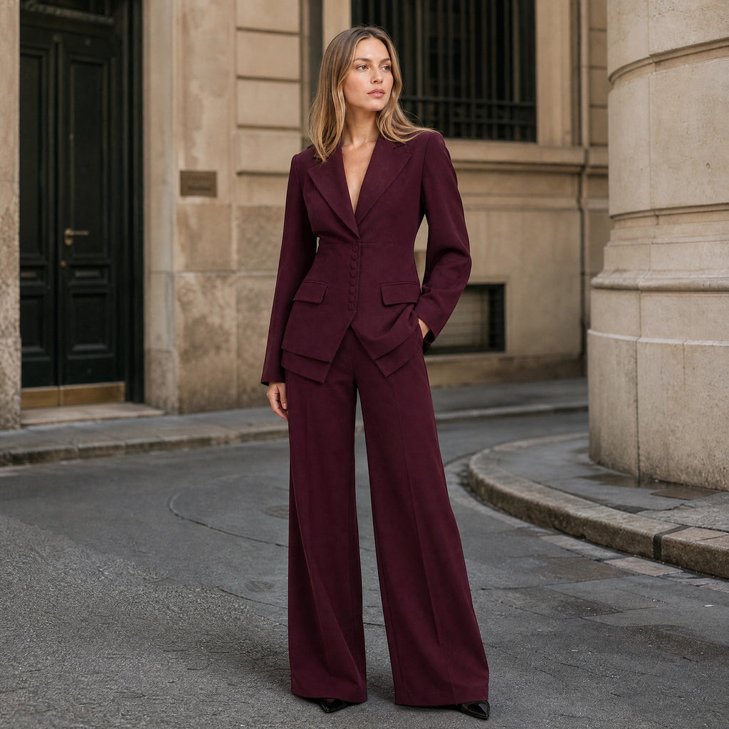 Women's Blazer and Trousers Set with Button Closure and Wide Leg Trousers