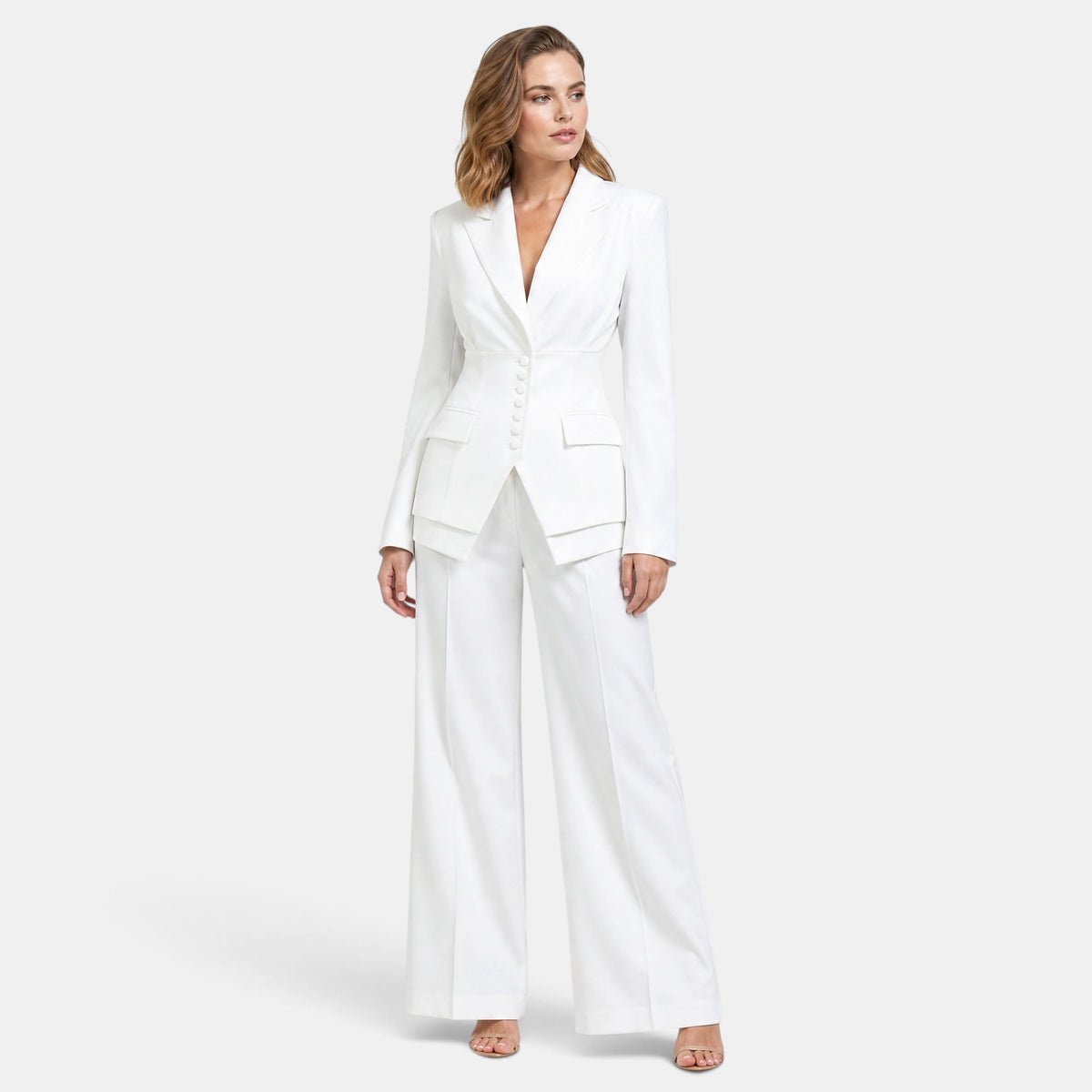 Women's Blazer and Trousers Set with Button Closure and Wide Leg Trousers