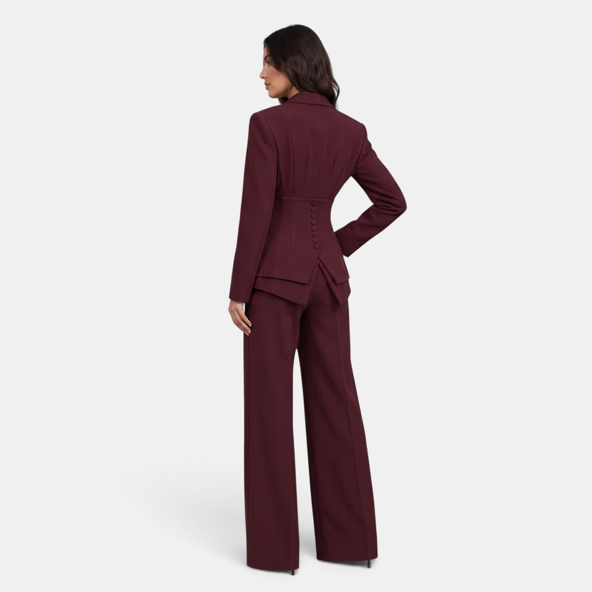 Women's Blazer and Trousers Set with Button Closure and Wide Leg Trousers