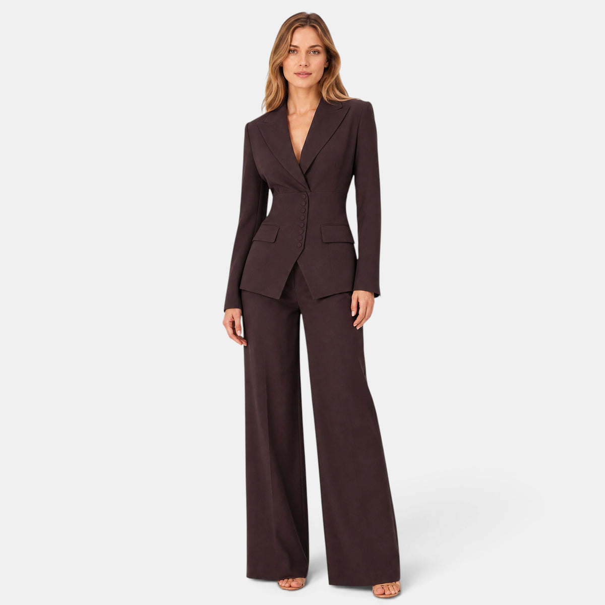 Women's Blazer and Trousers Set with Button Closure and Wide Leg Trousers