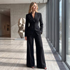 Women's Blazer and Trousers Set with Button Closure and Wide Leg Trousers