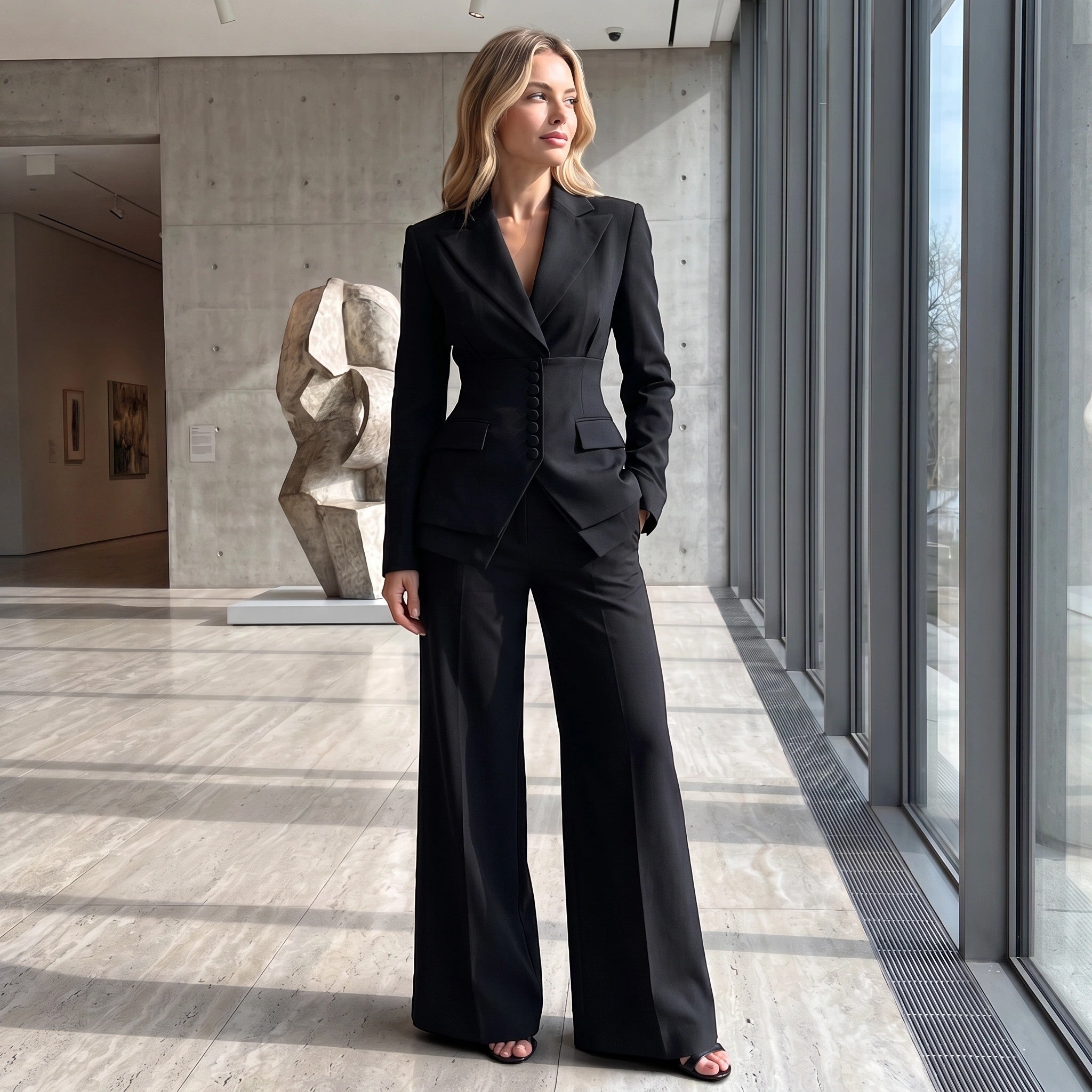 Women's Blazer and Trousers Set with Button Closure and Wide Leg Trousers