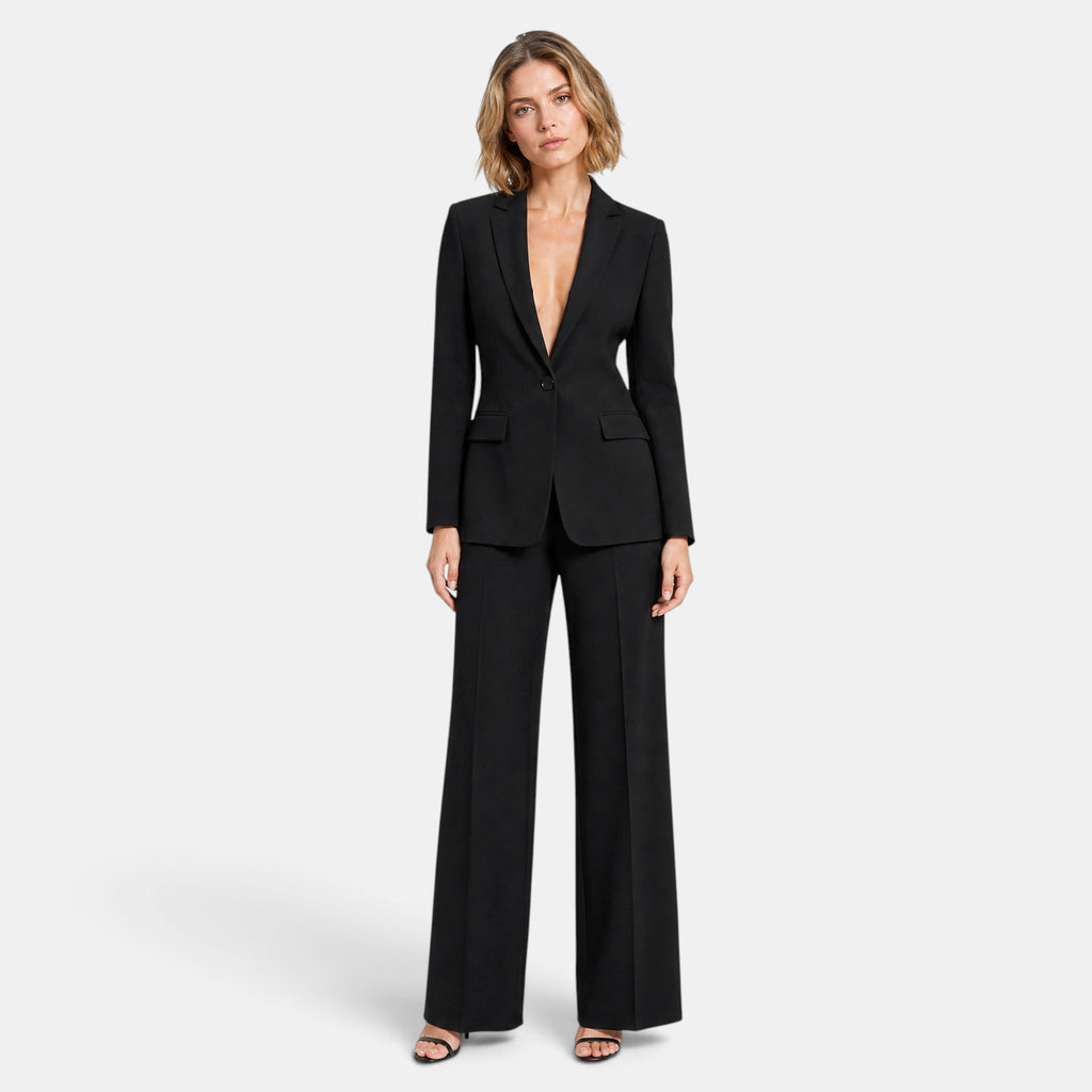 Women's Blazer and Trousers Set with Notch Lapel, Single Button and Wide Leg Trousers