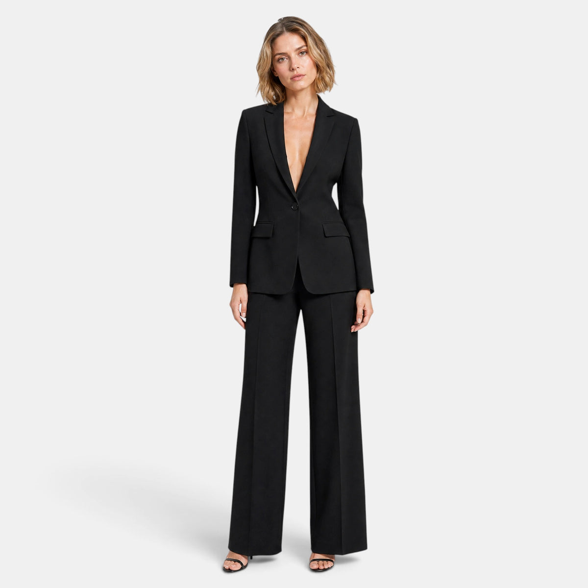 Women's Blazer and Trousers Set with Notch Lapel, Single Button and Wide Leg Trousers