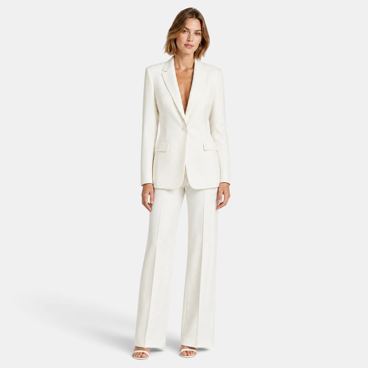 Women's Blazer and Trousers Set with Notch Lapel, Single Button and Wide Leg Trousers