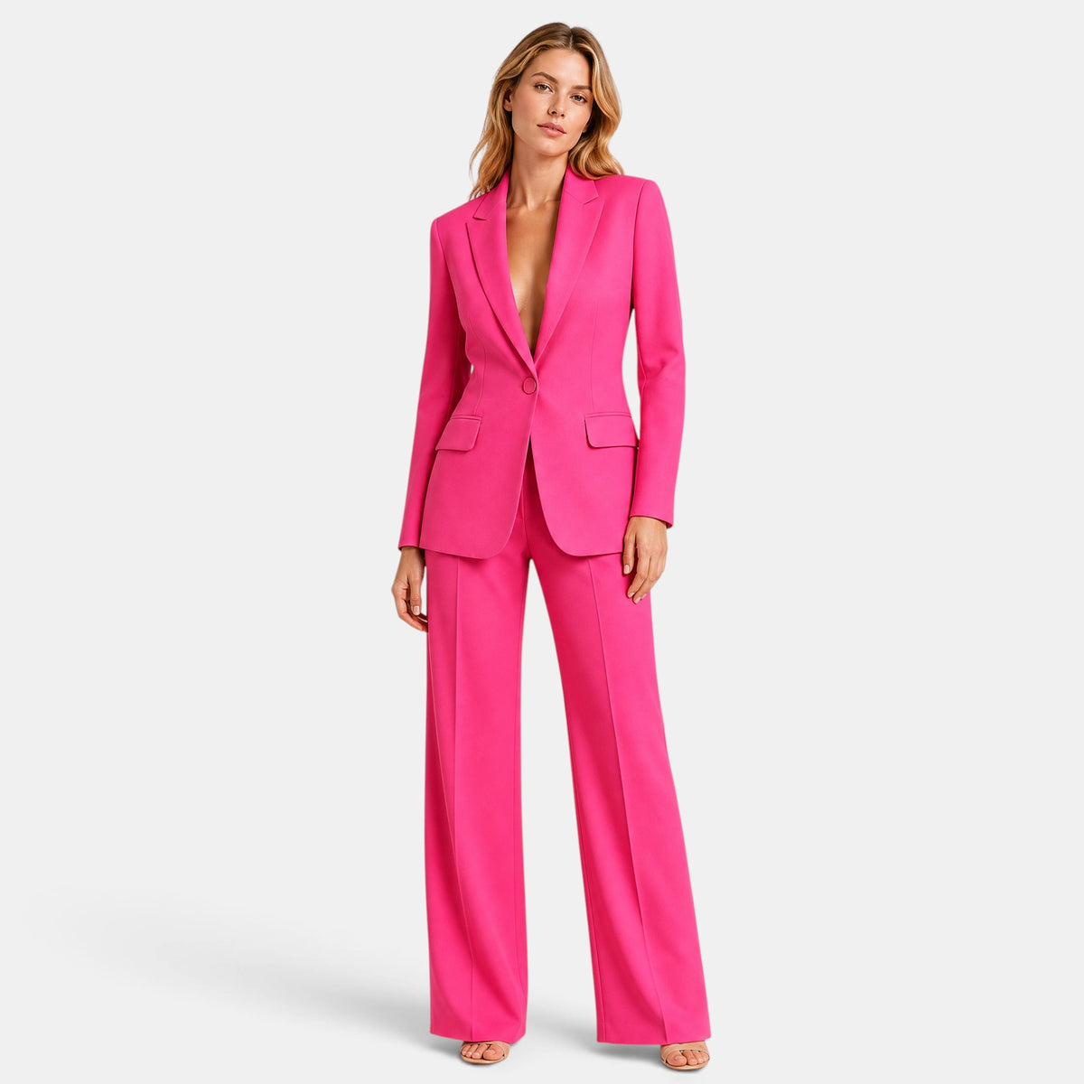 Women's Blazer and Trousers Set with Notch Lapel, Single Button and Wide Leg Trousers
