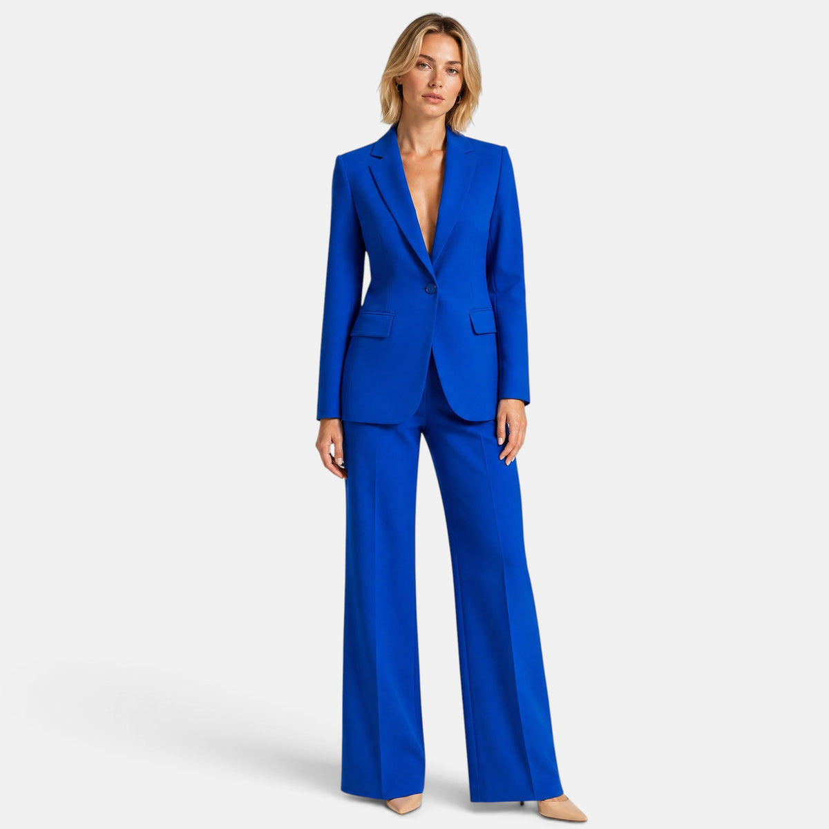 Women's Blazer and Trousers Set with Notch Lapel, Single Button and Wide Leg Trousers