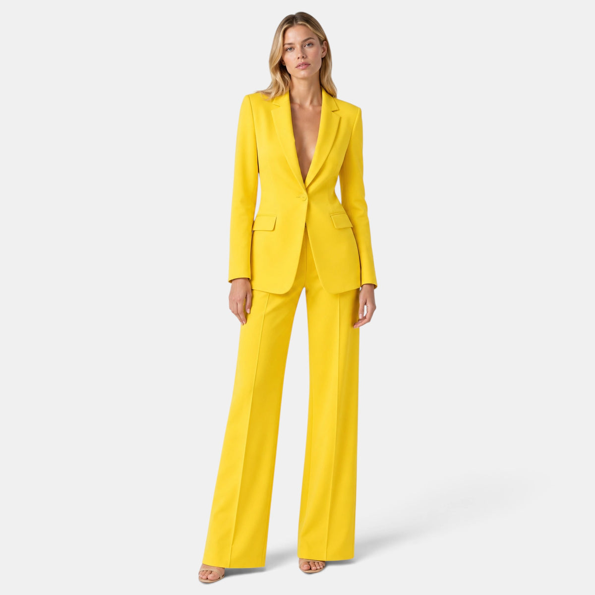 Women's Blazer and Trousers Set with Notch Lapel, Single Button and Wide Leg Trousers